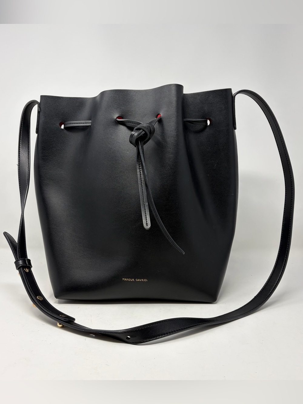 Mansur Gavriel Full Size Leather Bucket Bag Black Flamma Red Interior